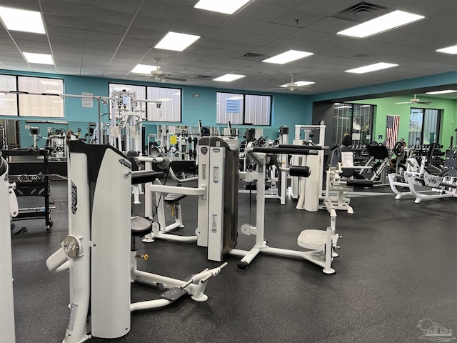 exercise room with ceiling fan and a drop ceiling