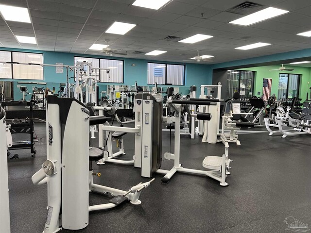 exercise room with ceiling fan and a drop ceiling