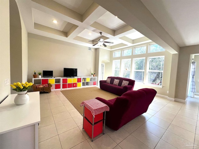living room with light tile patterned floors, coffered ceiling, beam ceiling, ceiling fan, and baseboards