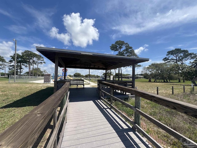 dock with a gazebo and a lawn