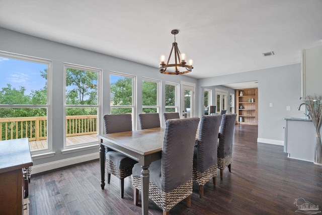 dining room with an inviting chandelier, dark hardwood / wood-style floors, sink, and a healthy amount of sunlight