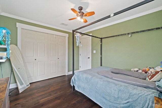 bedroom with ceiling fan, a closet, dark hardwood / wood-style floors, and ornamental molding