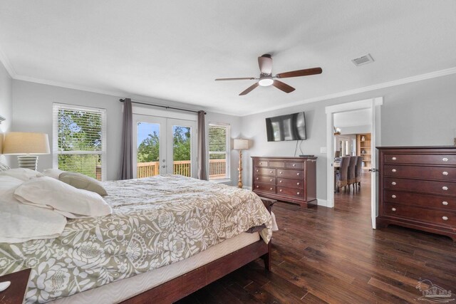 bedroom featuring access to outside, dark hardwood / wood-style floors, ornamental molding, and ceiling fan