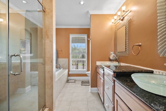 full bathroom featuring vanity, crown molding, tile patterned flooring, and separate shower and tub