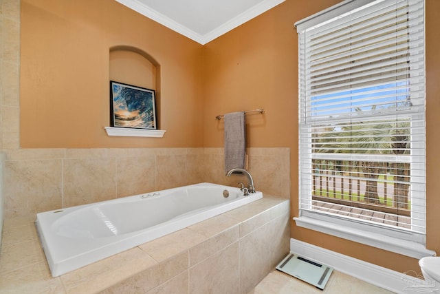 bathroom featuring ornamental molding, tile patterned floors, and tiled tub