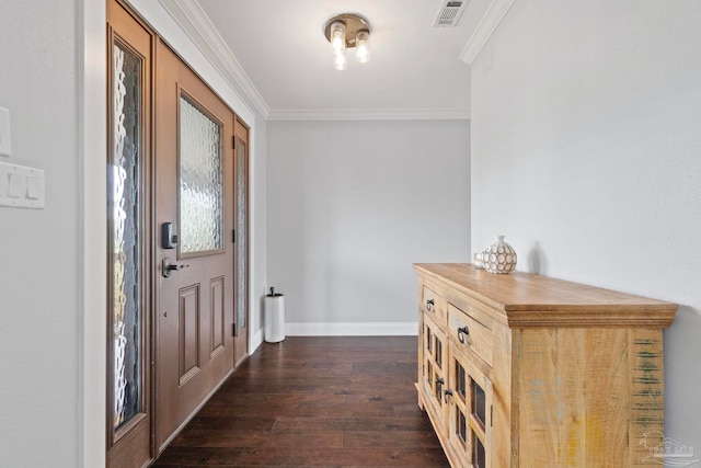 entrance foyer featuring dark hardwood / wood-style floors and crown molding