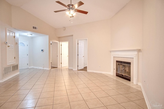 unfurnished living room featuring light tile patterned floors, ceiling fan, a glass covered fireplace, and visible vents