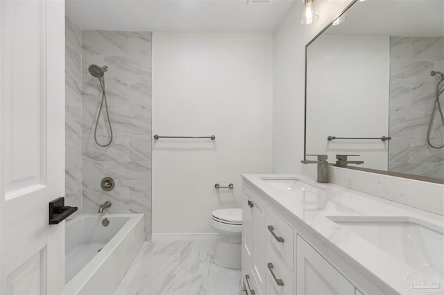 full bathroom with tiled shower / bath combo, vanity, and toilet