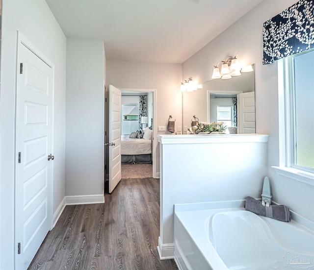 bathroom with a bathing tub, vanity, hardwood / wood-style flooring, and a healthy amount of sunlight