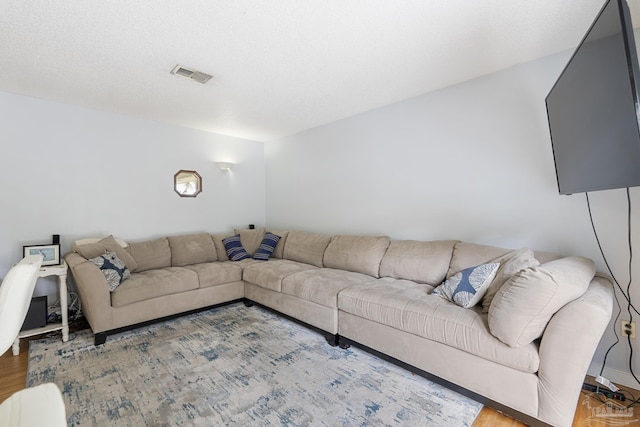 living room with hardwood / wood-style flooring and a textured ceiling