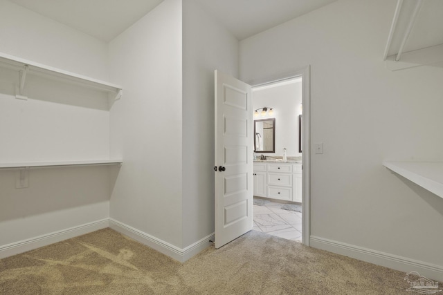spacious closet featuring light colored carpet