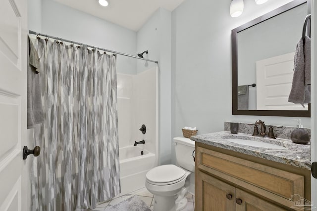 bathroom with tile patterned floors, shower / bath combination with curtain, vanity, and toilet