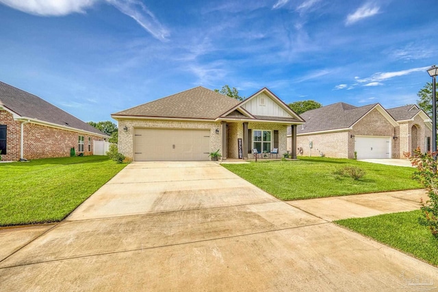view of front of home with a front yard, an attached garage, board and batten siding, brick siding, and driveway