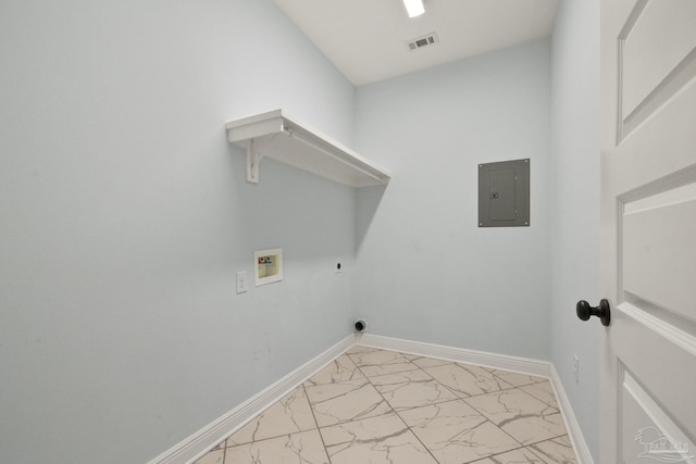 clothes washing area with laundry area, electric panel, marble finish floor, washer hookup, and hookup for an electric dryer