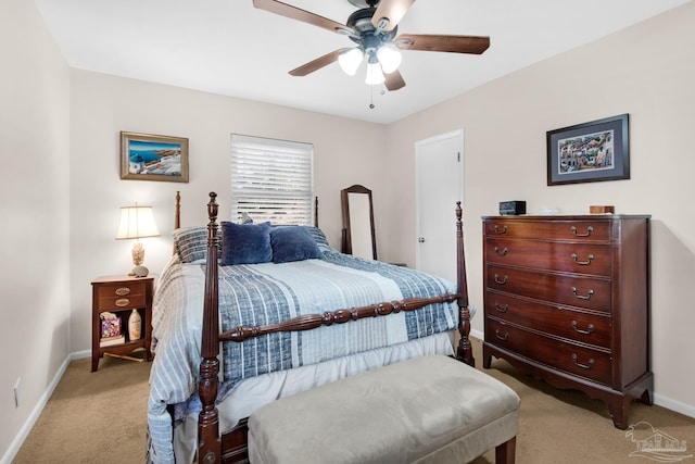 bedroom with light colored carpet and ceiling fan