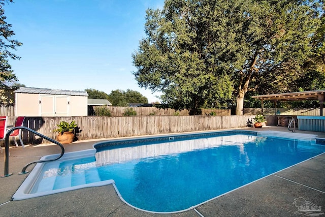 view of swimming pool featuring a storage unit