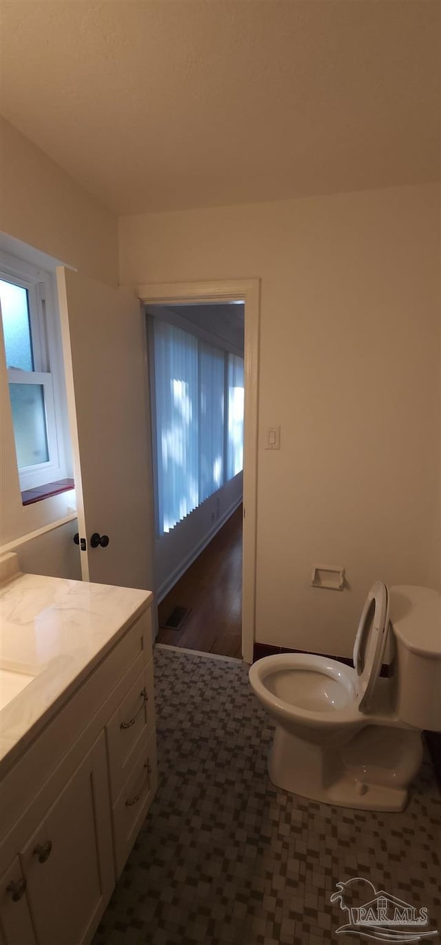 bathroom featuring vanity, hardwood / wood-style flooring, and toilet