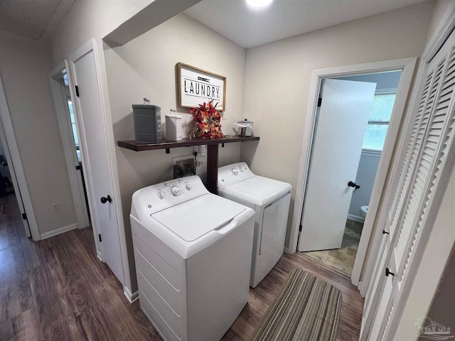 clothes washing area with dark hardwood / wood-style floors and washing machine and clothes dryer