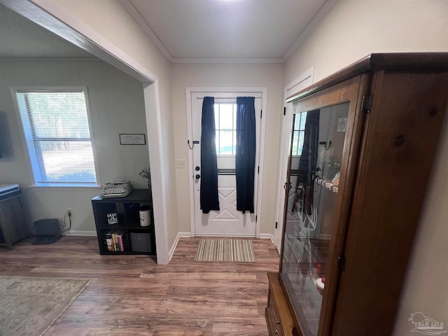 doorway to outside with wood-type flooring, plenty of natural light, and crown molding