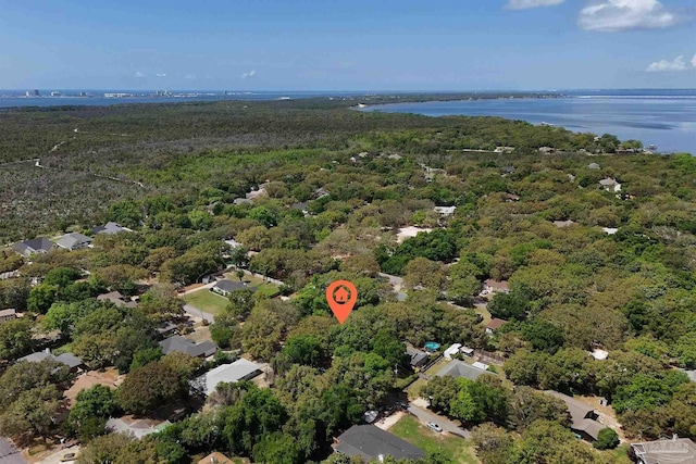 drone / aerial view with a water view and a view of trees