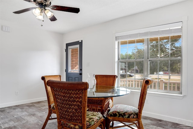 dining room with hardwood / wood-style flooring, plenty of natural light, and ceiling fan