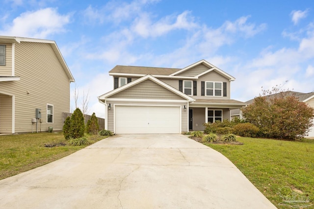 traditional-style house with a garage, driveway, and a front lawn