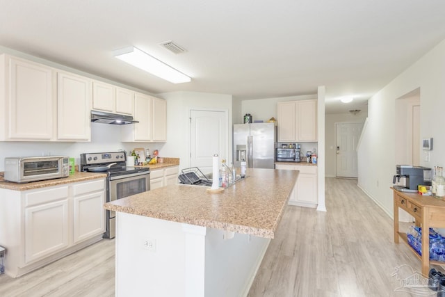 kitchen with a kitchen island, under cabinet range hood, a toaster, light countertops, and stainless steel appliances