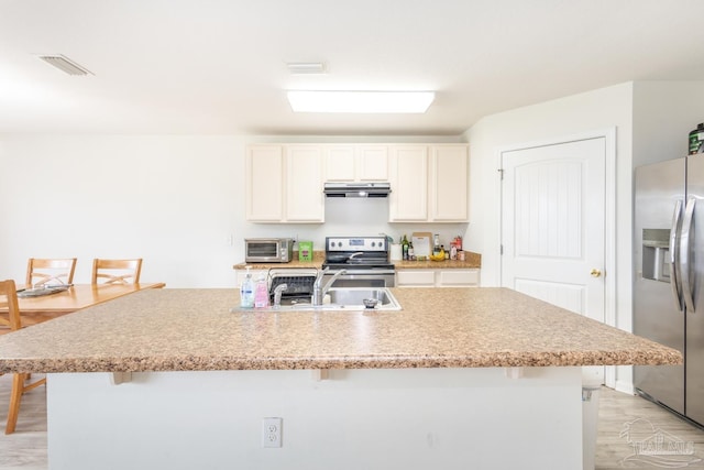 kitchen with visible vents, a breakfast bar, a sink, under cabinet range hood, and appliances with stainless steel finishes