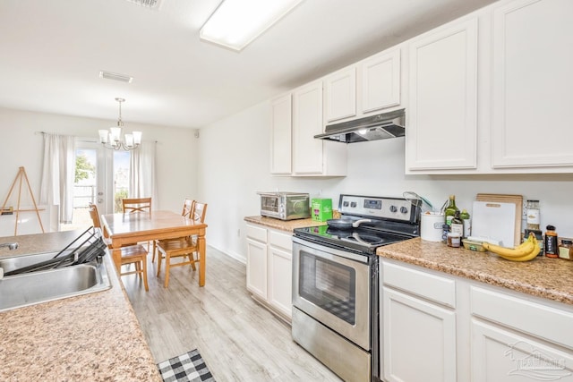 kitchen with electric stove, under cabinet range hood, a sink, white cabinetry, and light countertops