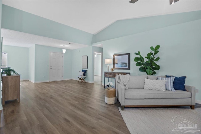 living room featuring wood-type flooring and lofted ceiling