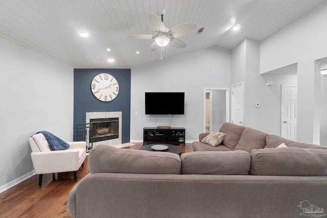 1052 Ashley Rd, Milton, FL 32583 - living room with wood finished floors, wood ceiling, recessed lighting, a ceiling fan, and a fireplace