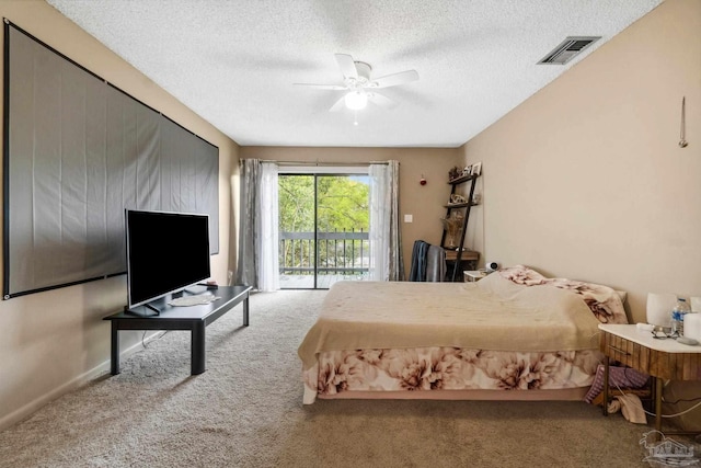 bedroom featuring carpet flooring, ceiling fan, access to outside, and a textured ceiling