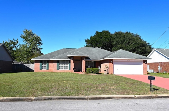 ranch-style house with a front yard and a garage