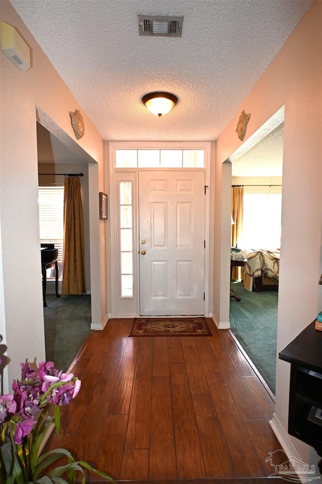 foyer entrance featuring a textured ceiling, a healthy amount of sunlight, and dark hardwood / wood-style flooring