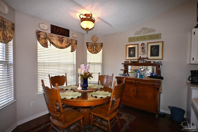 dining space featuring vaulted ceiling, a textured ceiling, and dark hardwood / wood-style floors