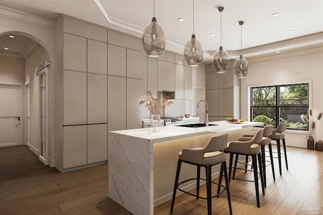 kitchen with arched walkways, modern cabinets, crown molding, light wood-type flooring, and a sink