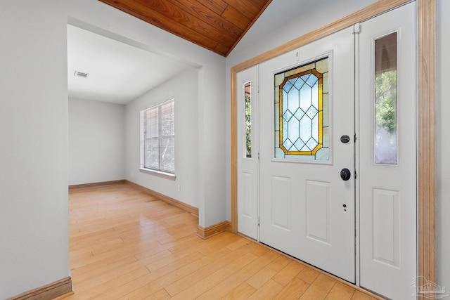 entrance foyer featuring visible vents, light wood-style flooring, baseboards, wooden ceiling, and lofted ceiling