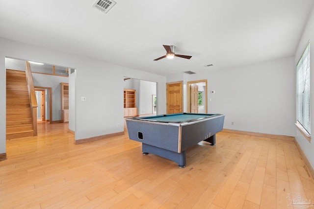 game room featuring visible vents, baseboards, light wood-style flooring, and billiards