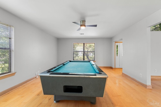 recreation room with baseboards, a ceiling fan, billiards, and light wood finished floors