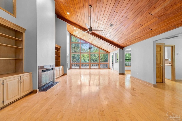 unfurnished living room featuring a fireplace with flush hearth, wood ceiling, light wood-type flooring, and ceiling fan