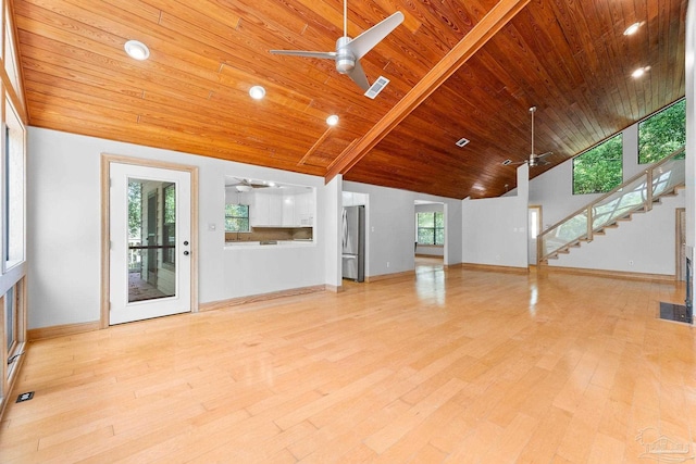 unfurnished living room with stairs, visible vents, a ceiling fan, and light wood-type flooring