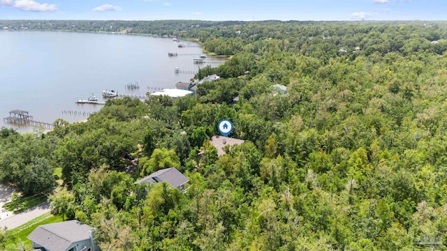 aerial view featuring a wooded view and a water view