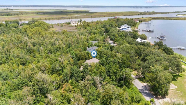 birds eye view of property with a water view