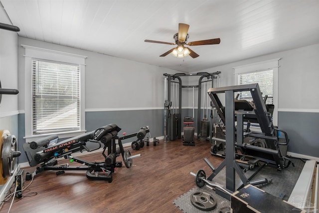 exercise room with wood finished floors, baseboards, and ceiling fan