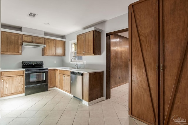 kitchen featuring black range with electric stovetop, stainless steel dishwasher, sink, and light tile patterned floors