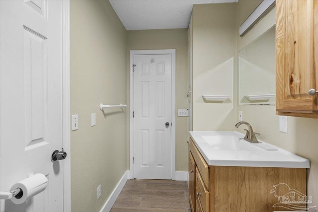 bathroom with vanity, wood-type flooring, and a textured ceiling