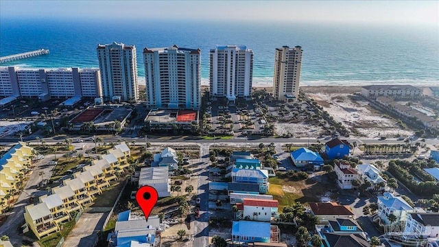 bird's eye view with a view of the beach and a water view