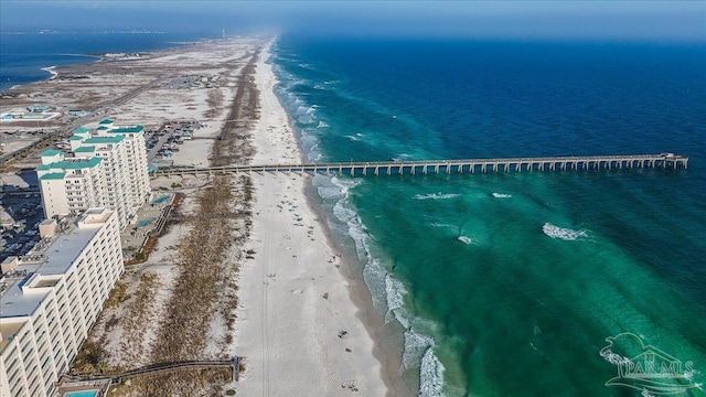 drone / aerial view with a view of the beach and a water view