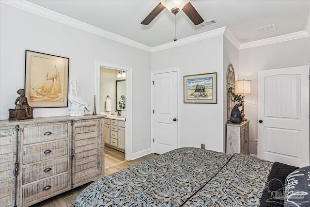 3160 Mountain Laurel Trl, Cantonment, FL 32533 - bedroom with light wood-style floors, crown molding, and ensuite bathroom