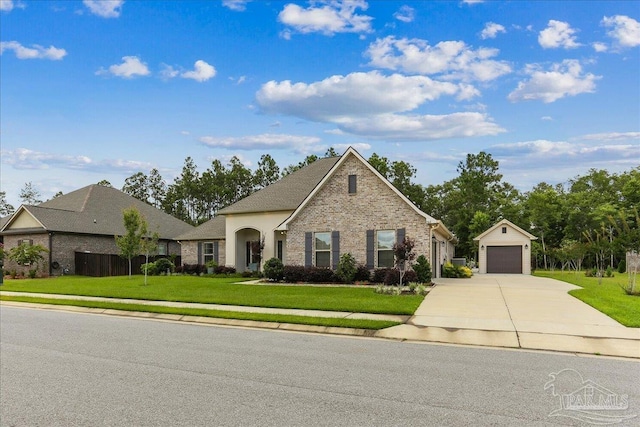 3160 Mountain Laurel Trl, Cantonment, FL 32533 - traditional-style house featuring an outbuilding, concrete driveway, a front lawn, brick siding, and a detached garage
